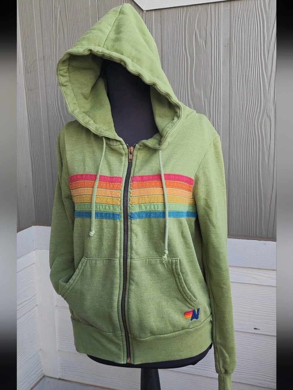 Aviator Nation Size XS Green 6 Stripe Zip-Up Hoodie Unisex